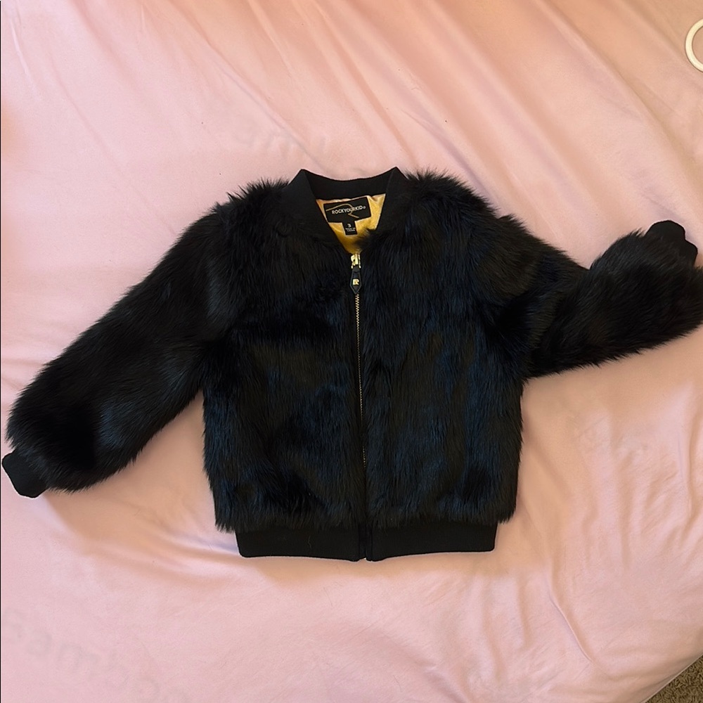 Black Plush Bomber Jacket with Ribbed Cuffs and Boxy Silhouette